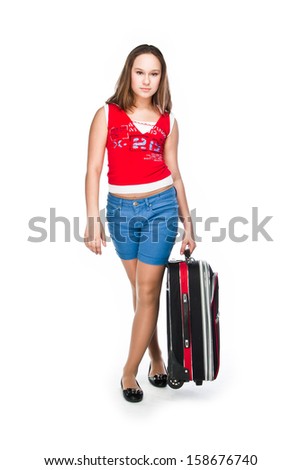 beautiful girl with a blue suitcase