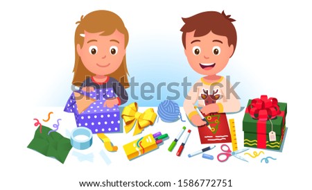 Two kids wrapping holiday presents. Girl & boy packing & decorating gift boxes with ribbon bows and drawing postcards for New Year or xmas festive celebration. Flat vector character illustration