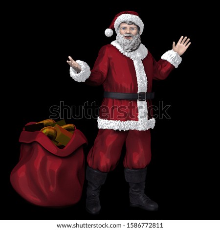 Santa Claus and bag with gifts, isolated on black background. Symbol new year. 3d render illustration