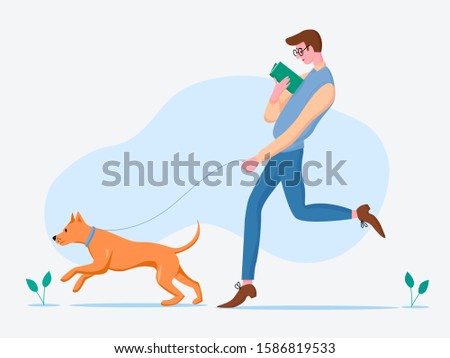 Man walking dog cartoon vector illustration. Male character spending time with his pet and reading book. Guy enjoying fresh air with ginger staffordshire terrier on leash in flat style.