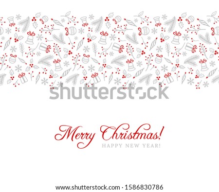 Christmas background with snowflakes, bells, Christmas balls,presents, tree's branches and berries. Red and grey symbols of Xmas on white. Seamless horizontal border. Can use as greeting card