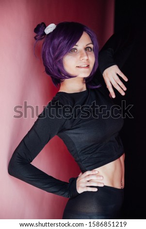 woman anime with purple hair in black dress Japan