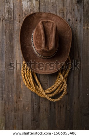 old classic wide-brimmed cowboy brown hat and lasso hanging on a rough wooden wall Royalty-Free Stock Photo #1586855488