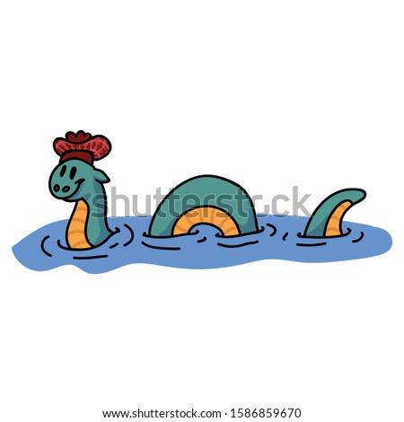 Adorable Cartoon Loch Ness Monster Clip Art. Wild Mythical Animal Icon. Hand Drawn Legendary Beast from Lake Mythology Motif Illustration Doodle in Flat Color. Isolated Reptile. Vector EPS 10.  Royalty-Free Stock Photo #1586859670