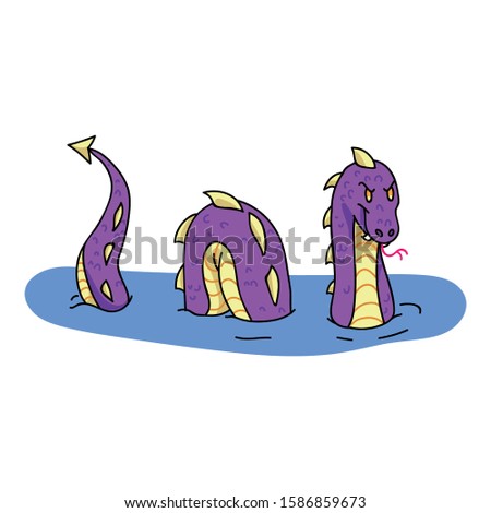 Adorable Cartoon Sea Monster Clip Art. Wild Mythical Animal Icon. Hand Drawn Legendary Beast from Lake Mythology Motif Illustration Doodle in Flat Color. Isolated Loch Ness. Vector EPS 10.  Royalty-Free Stock Photo #1586859673