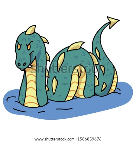Adorable Cartoon Nessie Clip Art. Wild Mythical Animal Icon. Hand Drawn Legendary Beast Mythology Illustration Doodle in Flat Color. Isolated Loch Ness Monster, Wildlife, Character. Vector EPS 10.  Royalty-Free Stock Photo #1586859676