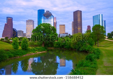 Houston Texas modern skyline from park river US