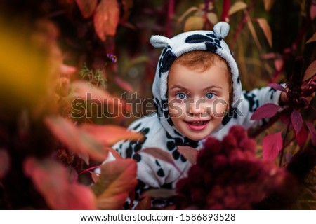 Little 3 years old girl with surprised face in red bushes. Closeup portrait of pozing astonished child with wide opened mouth and eyes. Child in clothes with ears on head and dogs footprint print. Eco