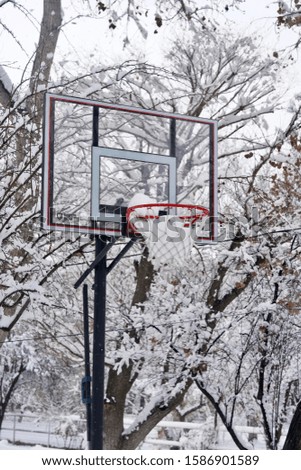 Snow on a outdoor basketball hoop.