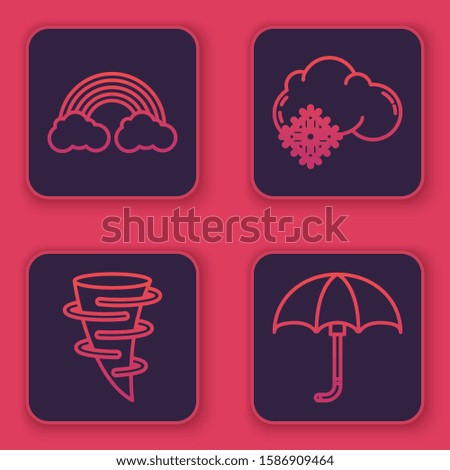 Set line Rainbow with clouds, Tornado, Cloud with snow and Classic elegant opened umbrella. Blue square button. Vector