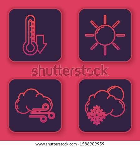 Set line Thermometer, Windy weather, Sun and Cloud with snow and sun. Blue square button. Vector