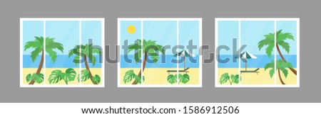 Sunny beach view from the three windows. Vector illustration.