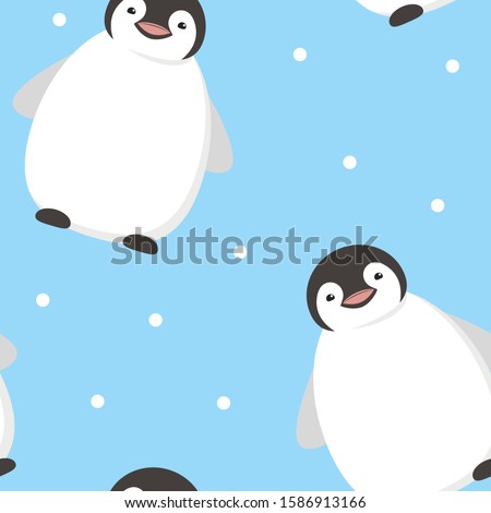Cute baby penguin seamless pattern. Repeating vector patter with flat cartoonish character - penguin.- and snowflakes on light blue background.Perfect for textile, packaging, wallpapers.