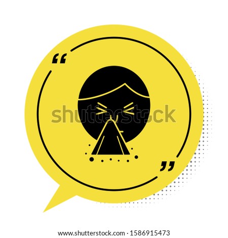 Black Man holding handkerchief or napkin to his runny nose icon isolated on white background. Coryza desease symptoms. Yellow speech bubble symbol. Vector Illustration