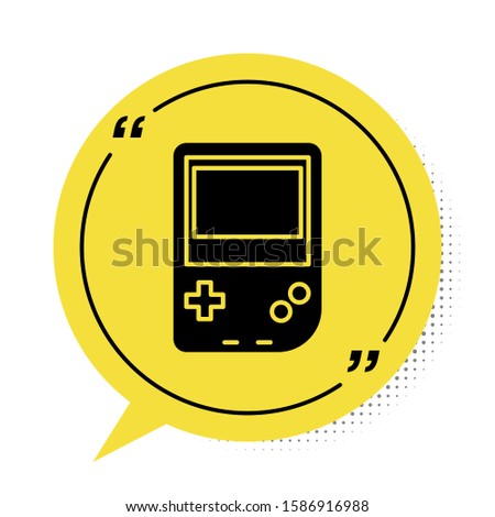 Black Portable video game console icon isolated on white background. Gamepad sign. Gaming concept. Yellow speech bubble symbol. Vector Illustration