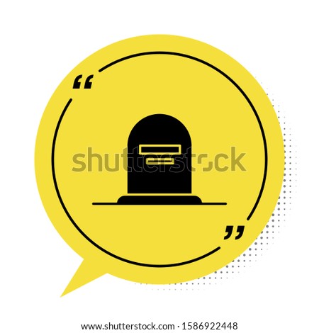 Black Tombstone with RIP written on it icon isolated on white background. Grave icon. Yellow speech bubble symbol. Vector Illustration