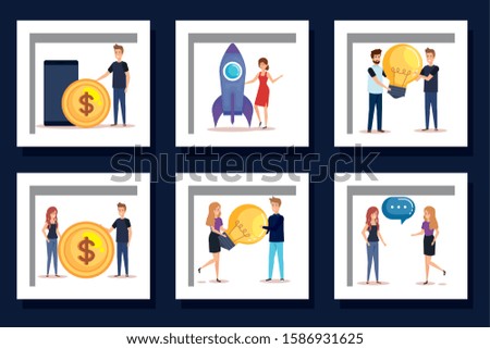 bundle of people with business icons vector illustration design