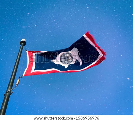 Closeup up of a frayed Wyoming state flag blowing in the wind with snow in the air.