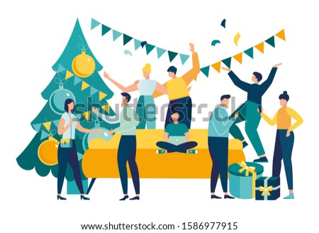 vector illustration, happy new year holiday, corporate friendship with a diverse group of friends of people hugging together, christmas mood gifts tree