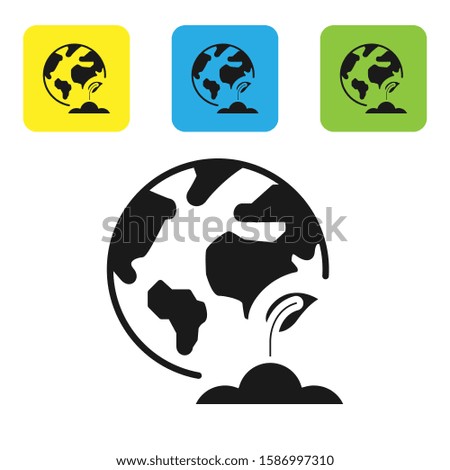 Black Earth globe and plant icon isolated on white background. World or Earth sign. Geometric shapes. Environmental concept. Set icons colorful square buttons. 