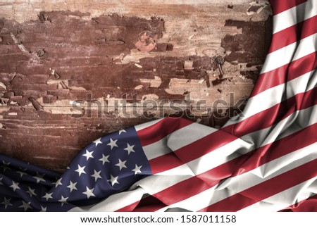 United States of America Flag on a Old Wooden Table. Empty Grunge Background for Text. Copy Space for Banner, Template, Wallpaper. Anniversary, Presidents Day, History, Memorial, Independence concepts
