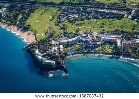 Aerial view on Kaanapali with beaches, resorts and golf courses. Royalty-Free Stock Photo #1587037432