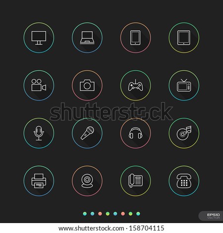 Electronic device Icons with color circle on black background - Vector illustration