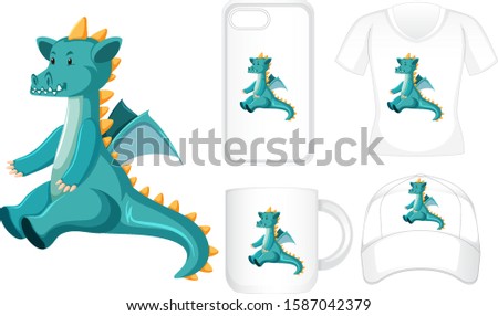 Graphic design on different products with green dragon illustration