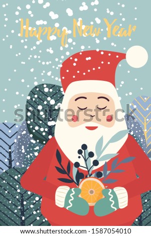 Winter illustrations, Santa Claus with winter bouquet and orange. winter forest, snowfall. Illustration for the site, postcards, leaflets.