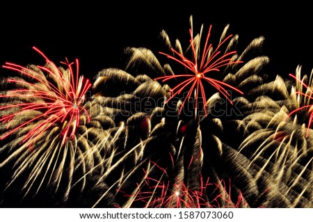 Fantastic show of colorful fireworks. Happy New Year. Holiday, celebration, festival. Long exposure time.