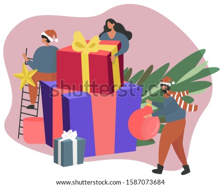 Merry Christmas and New Year Celebration Concept.Little People Having Fun and Giving big Gifts.Christmas tree and Christmas ornaments, giant boxes.Boys are holding the tree.Flat Vector Illustration