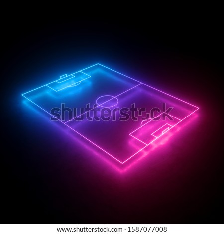 3d render, neon soccer field scheme, football playground, virtual sportive game, pink blue glowing line. Isolated on black background.