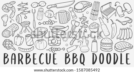 BBQ Barbecue Doodle Line Art Illustration. Hand Drawn Vector Clip Art. Banner Set Logos.