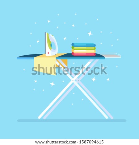 Ironing board with stack of clothes and iron isolated on background. Vector flat design