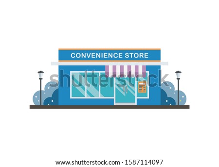 Convenience store building in the winter. Simple flat illustration. Royalty-Free Stock Photo #1587114097