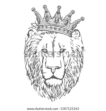 Hand Drawn Lion Head with Crown. Lion Face T-shirt Print. Vector illustration