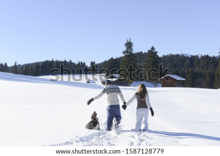 Teenage couple walking pet dog through snow at resort