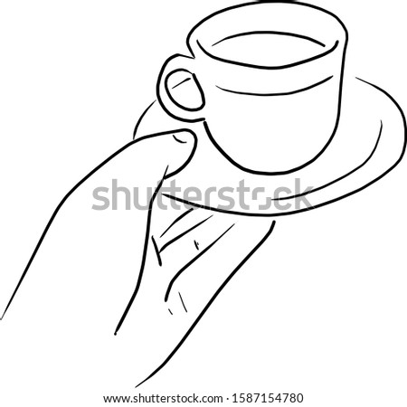 hand holding hot coffee cup vector illustration sketch doodle hand drawn with black lines isolated on white background
