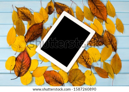 autumn notebook wooden background .