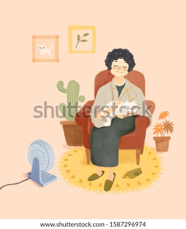 Illustration of a sleeping grandma sitting on the couch hugging a cat