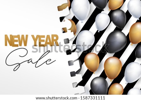 New Year sale banner. Winter holiday celebration design concept with golden, black, and white balloons under torn out sheet of paper. Vector illustration.