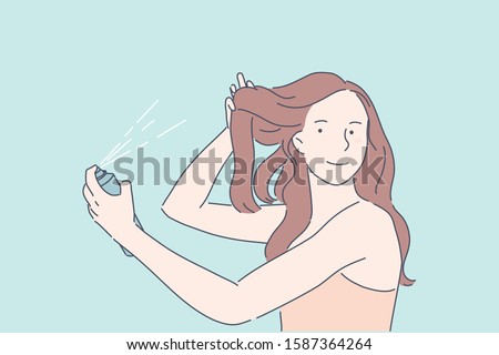 Making hairdo, hair volume, beauty procedure concept. Young lady using hair spray. Pretty woman, model demonstrating hairspray, dry shampoo efficiency. Beauty industry product. Simple flat vector Royalty-Free Stock Photo #1587364264