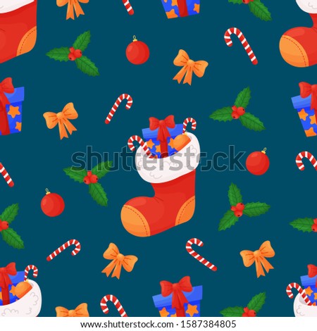 Seamless Christmas/New Year pattern with holiday attributes: candy, bow, christmas balls, mistletoe, gift, christmas stocking on dark blue background.