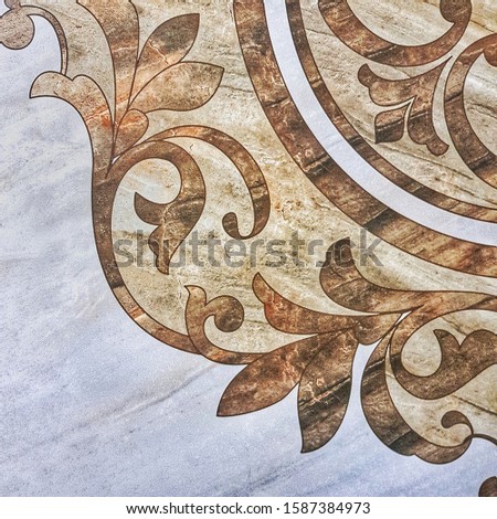 White and brown ceramic tile with floral pattern for wall and floor decor. Marble concrete stone surface background. Vintage texture with frame for interior design project.