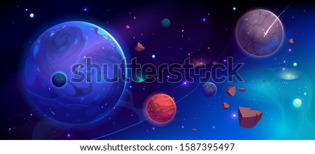 Planets in outer space with satellites, falling meteor and asteroids in dark starry sky. Galaxy, cosmos, universe futuristic fantasy view background for computer game. Cartoon vector illustration Royalty-Free Stock Photo #1587395497