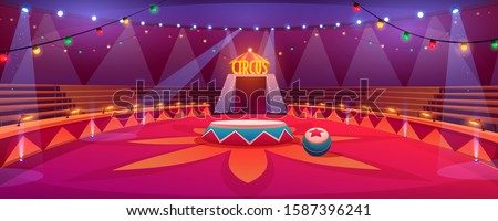 Circus arena, classic round stage under marquee dome with seats, garlands and spotlights. Empty carnival ring tent in amusement family theme park, entertainment performance Cartoon vector illustration Royalty-Free Stock Photo #1587396241