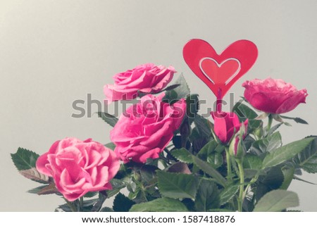 Pink roses bouquet with heart as decor.