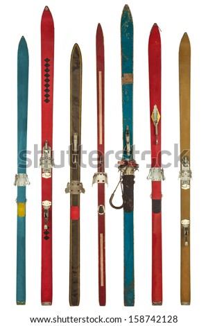 Set of seven retro colorful skis isolated on a white background