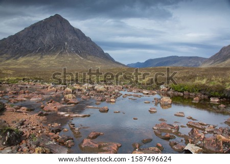 The famous and iconic mountain Buachaille Etive Mor (Scottish gaelic name) and the approach to Glencoe seen from Rannoch moor 