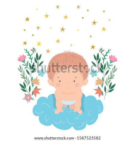 Cute baby boy over cloud with flowers and leaves design, Child newborn childhood kid innocence and little theme Vector illustration